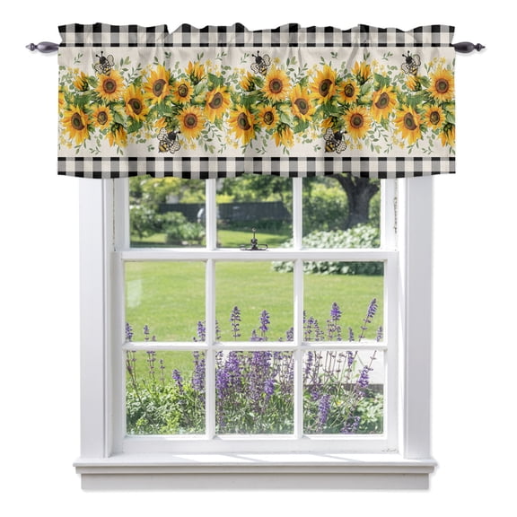 Sunflower Bee Valance Curtains, Farmhouse Floral Rod Pocket Short Window Curtain for Kitchen Bathroom Bedroom, 42"x12"