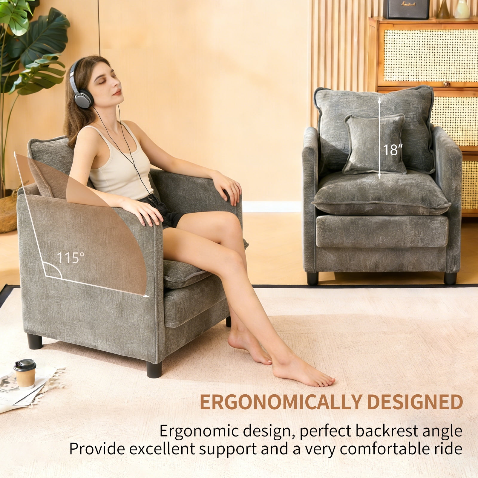 Modern Accent Chair,Linen Single Sofa Chair,Modern Reading Armchair with Pillow for Living Room,Bedroom,Dark Grey