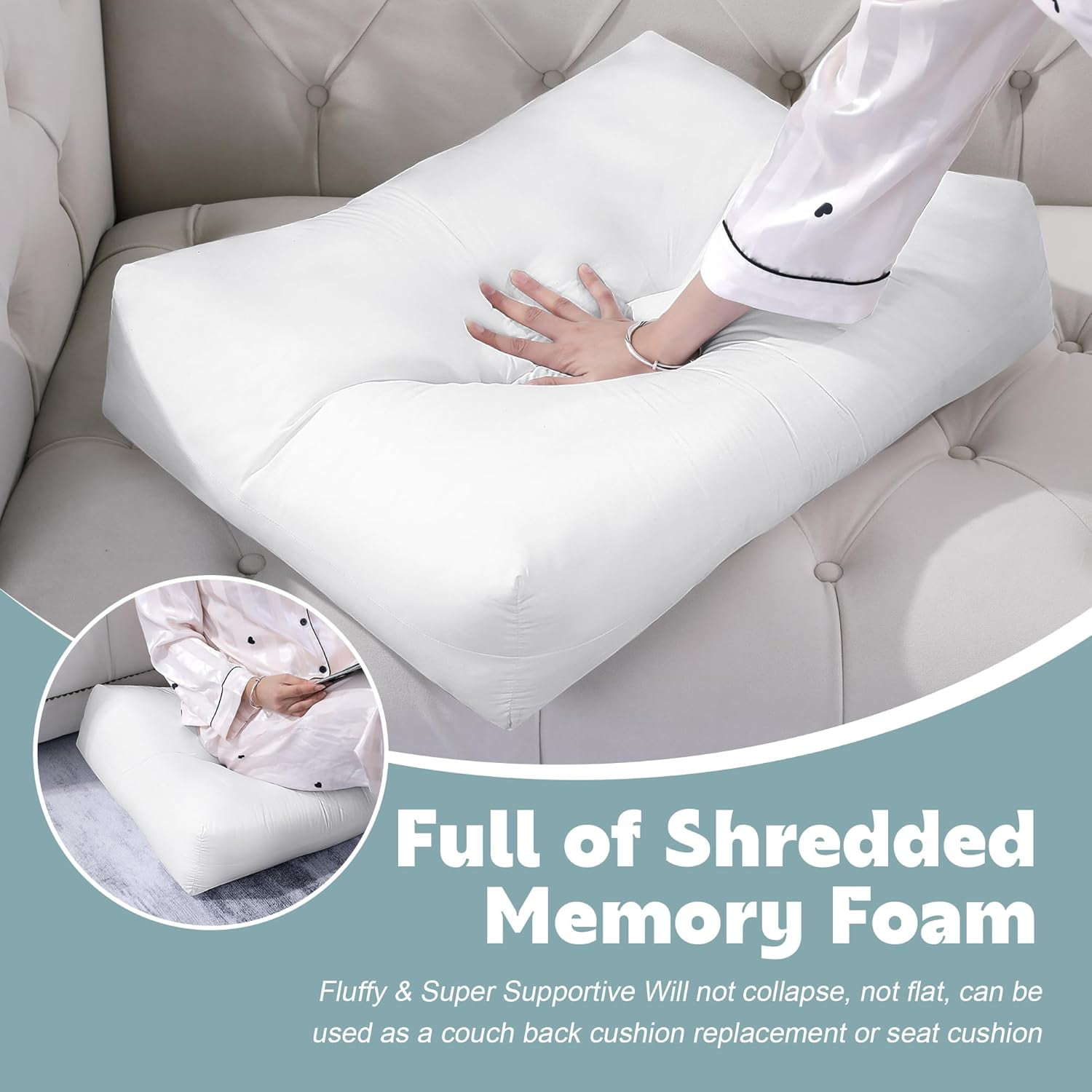 Shredded Foam Sofa Back Cushions, Supportive Back Cushion Replacement for Couch, Stuffing Filling Lumbar Support Pillow for Couch, Bed, Floor, (27.5"x18"x5")