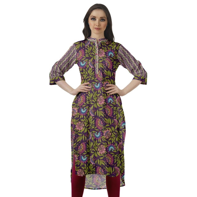 Moomaya Tunique en Coton à Manches Retroussables pour Femmes Kurti Imprimé Longueur Genou Kurta d'Été