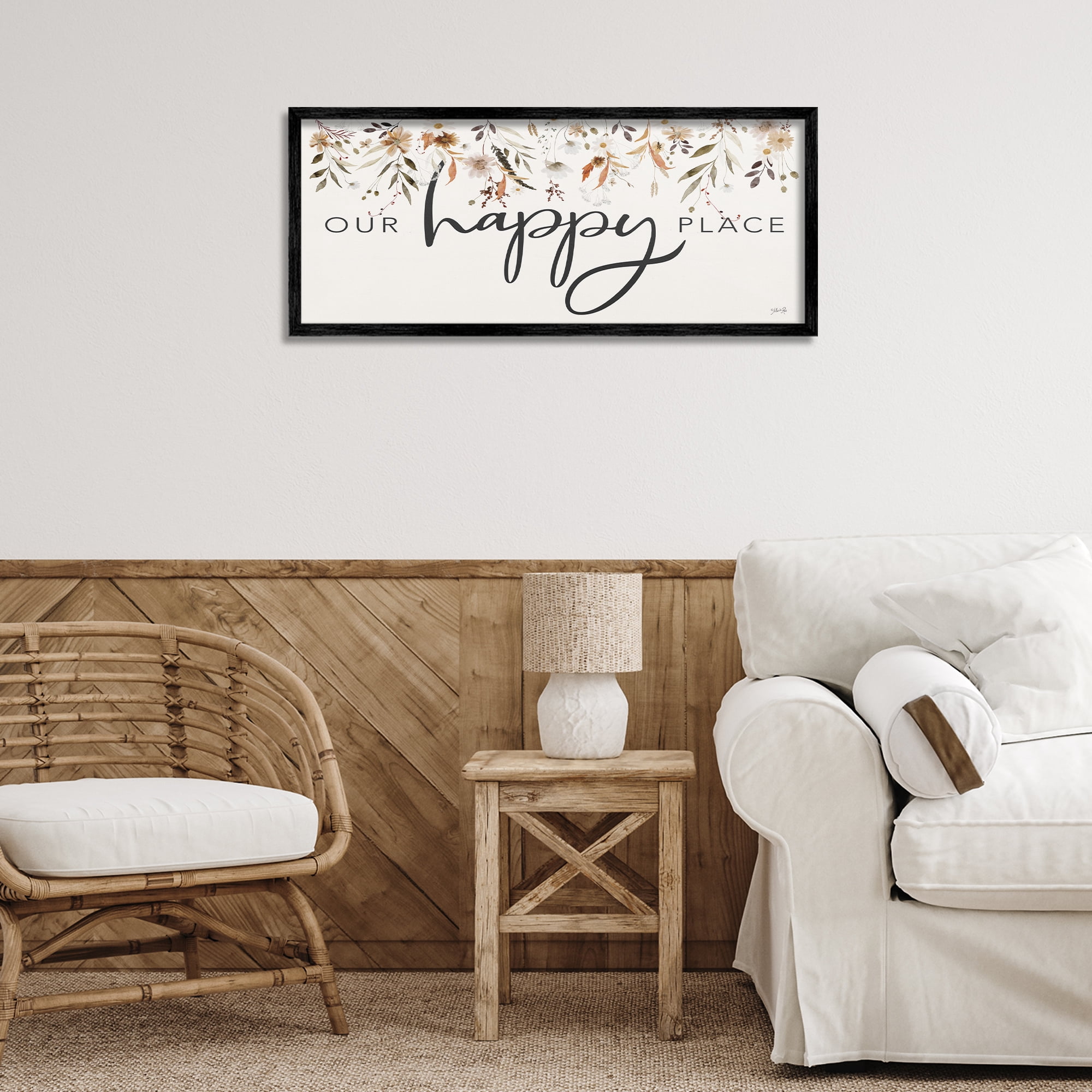 Stupell Industries Our Happy Place Florals Botanical & Floral Painting Black Framed Art Print Wall Art, 30 x 13