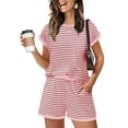 thumbnail image 5 of QIbmong Summer Sets for Women 2 Piece Striped Pajamas Set Batwing-Sleeve Crew Neck Tops and Loose Shorts Casual Pjs Outfits(S,Pink), 5 of 9