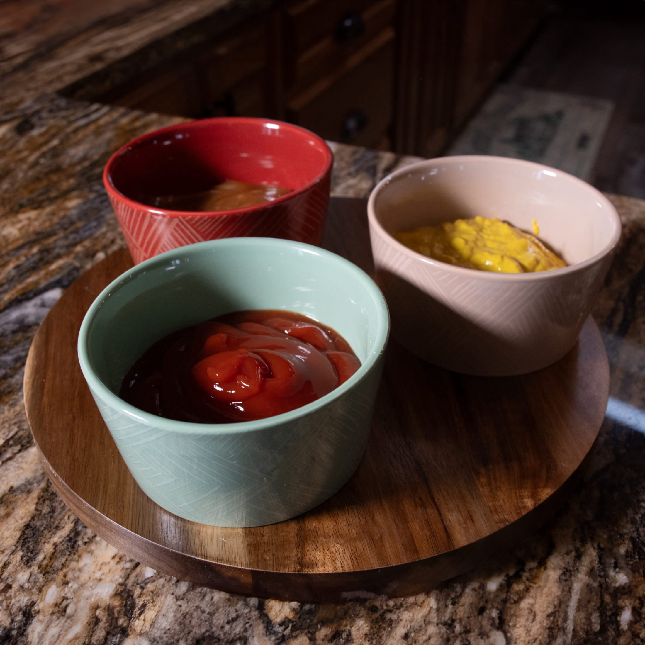 Thirstystone 12-Inch Acacia Wood Lazy Susan Turntable with 3 Ceramic Serving Bowls, Stylish Rotating Server for Condiments, Snacks, and Dips, Perfect for Holiday Dining and Entertaining