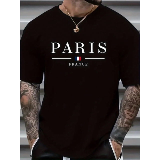 Men's Paris-Inspired Cotton T-Shirt - "PARIS" Print with Tricolor Flag, Casual Round Neck Short-Sleeve Tee, Breathable & Machine Washable, Ideal for All Seasons & Gifting, Best for Christmas