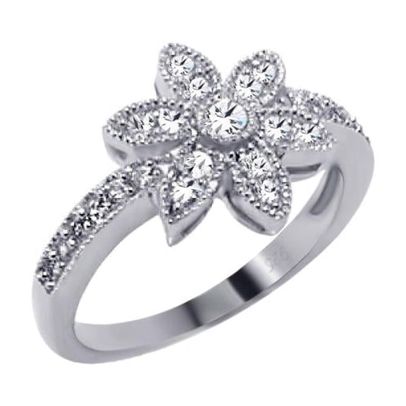 Sterling Silver 925 Rhodium Plated Micro Pave Flower Ring Band White CZ Jewelry Female Size 6