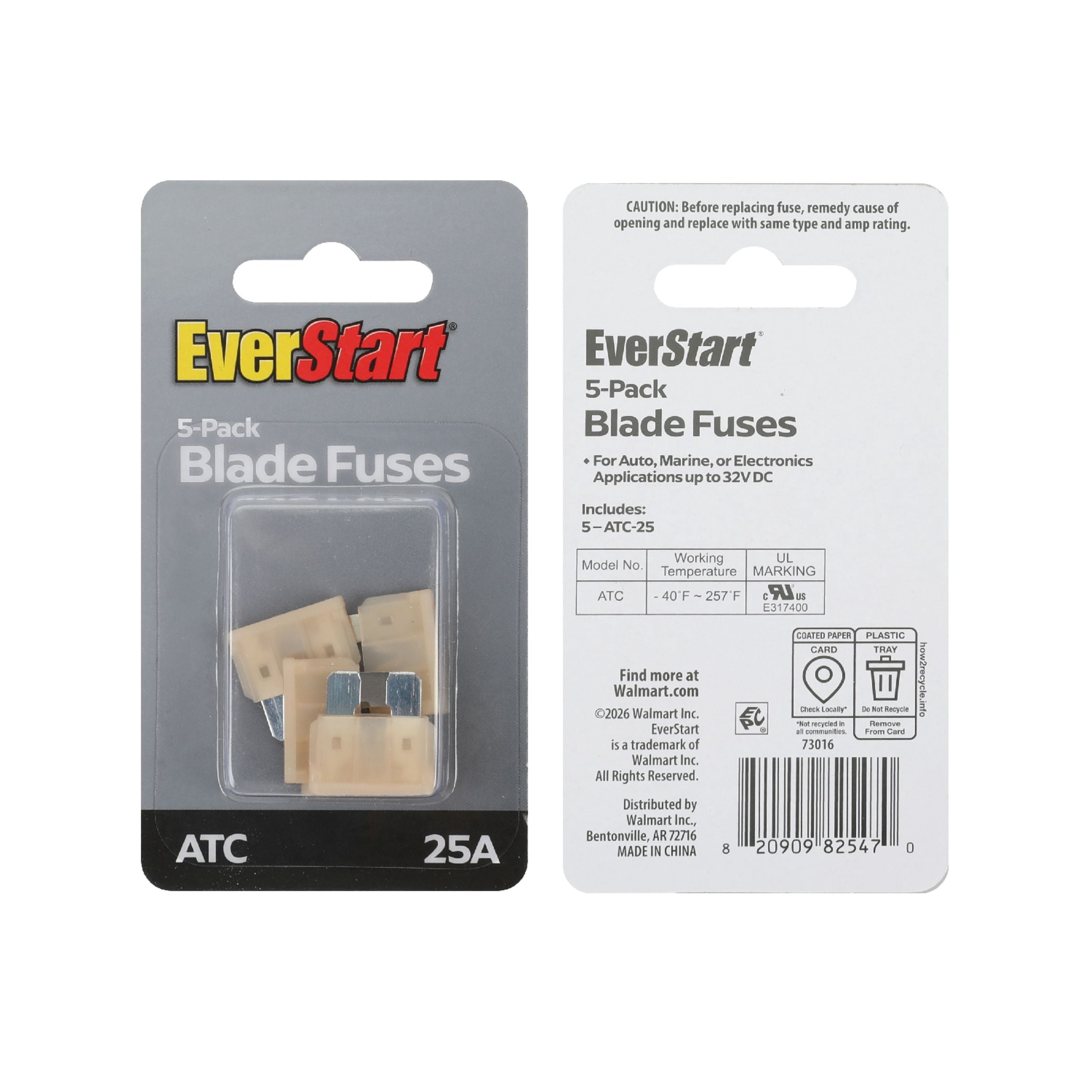 EverStart 25 Amp Automotive ATC Blade Fuses, UL Listed, Auto, Marine, and Electrical Applications, 5 Pack