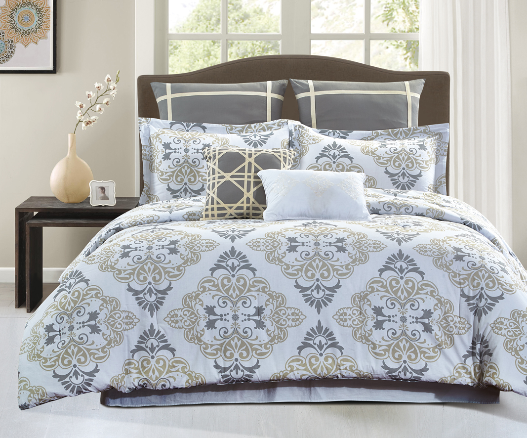 Style Quarters Sibley 7pc Comforter Set Gray and Taupe Damask Print
