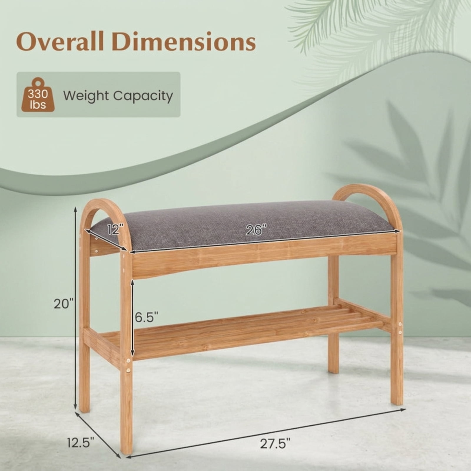 Furnibear 2 Tier Bamboo Shoe Bench with Padded Cushion and Slatted Shelf for Entryway Hallway and Bedroom Shoe Storage, Gray