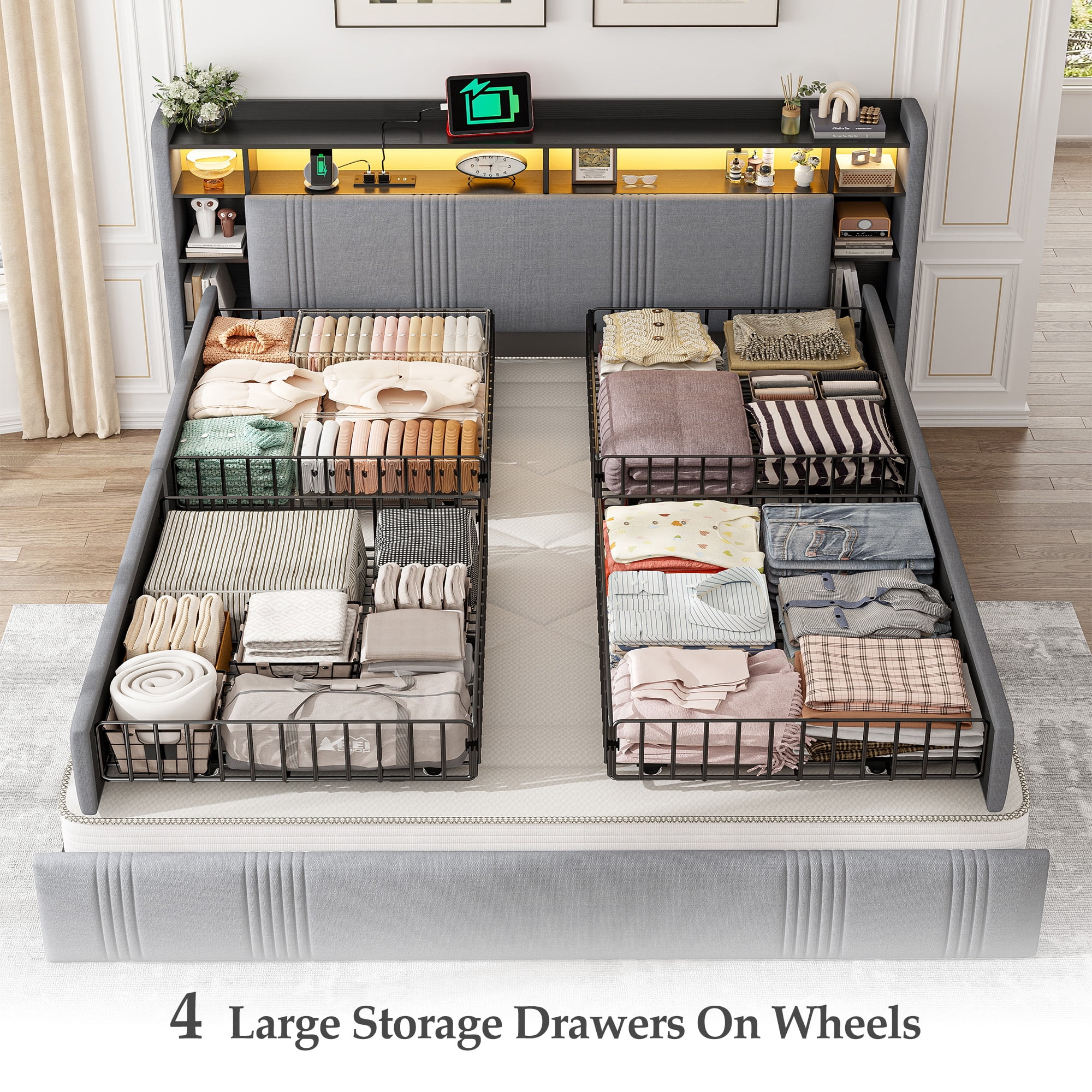 EnHomee King Size Bed Frame with 4 Drawers & 3-Tier Storage Shelf Upholstered Bed Frame King with Headboard & LED Lights & Charge Station,Gray