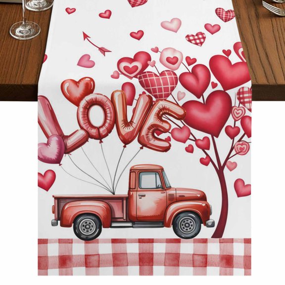 Table Runners 72 Inches Long Dress Scarves, Valentine's Day Farmhouse Kitchen Table Runner, Coffee Tablerunners, Red Love Balloons Trees Truck Pink Plaid 18x72 Inch