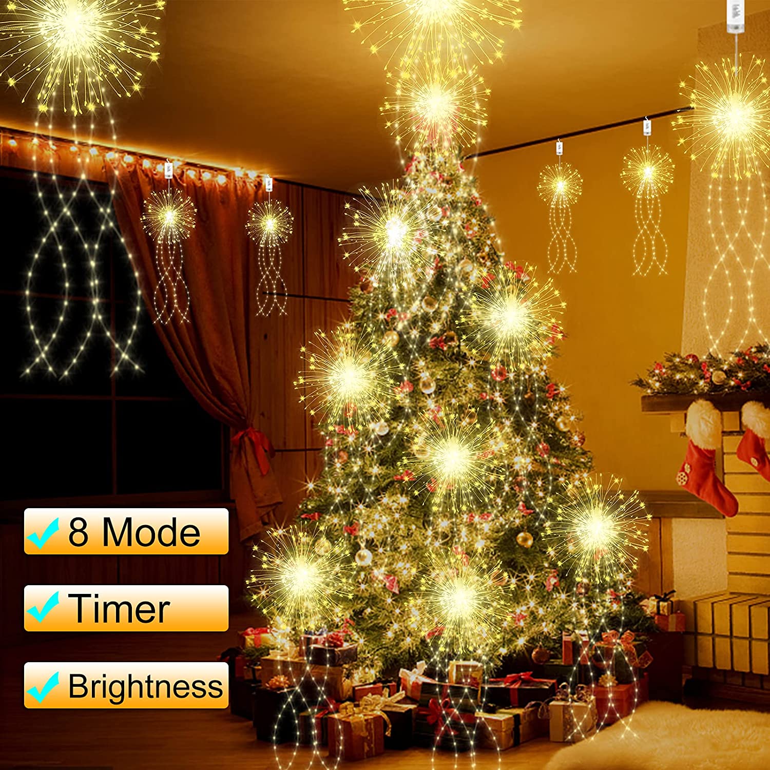 Starburst Lights, Hanging Battery Operated Chandelier with Remote, 200 LED Warm White Firework String Lights