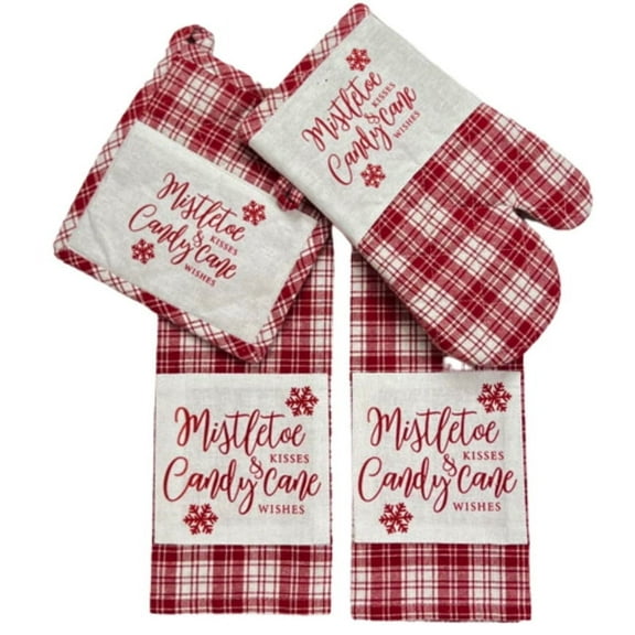 Serafina Home Christmas Mistle Toe And Candy Cane Towels and Pot Holder Set: Plaid Country Cotton Towels