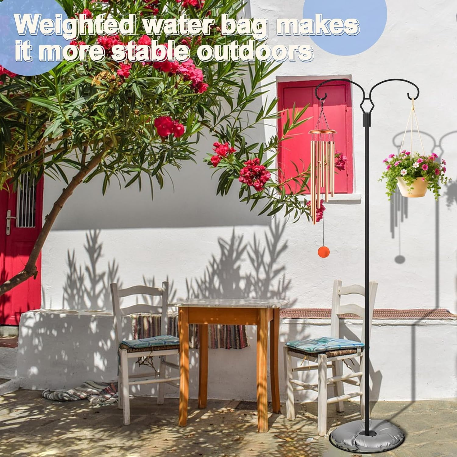 62.6 Inch Shepherds Hooks for Outdoor, Adjustbale Double Shepherds Hooks Hummingbird Feeder Stand Bird Feeder Pole Wind Chime Stand with Round Base, 4 Prongs Base and Water Weight Bag