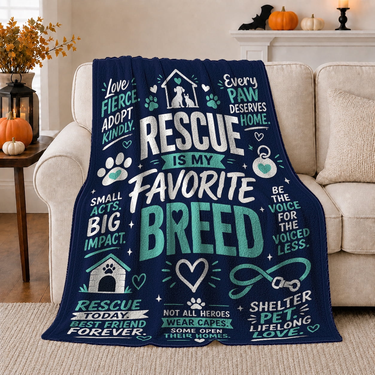 Rescue Is My Favorite Breed Quote Uplifting Graphic Style for Animal Rescue Fans Shelter Pet Motif and Appreciation Gift Cozy Flannel Blanket for Living Room and Bedroom Home Decor