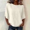 thumbnail image 2 of HongQid Womens Linen Blend Top Blouse Round Neck Loose Fit Solid Color 3/4 Sleeve Breathable Fabric Curved Hem Tunic Shirts, 2 of 6