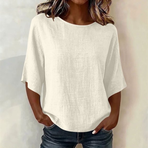 Women's Scoop Neck 3/4 Sleeve Linen Cotton Gauzy Tops Casual Fall 2026 Tunic Shirts Loose Fit Daily Wear Blouses(Beige,S)
