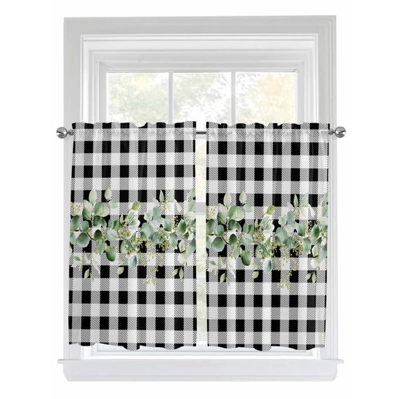 Green Eucalyptus Leaves Bathroom Window Curtain, Black White Plaid Farmhouse Watercolor Light Filtering Coffee Kitchen Curtains, Bedroom Living Room Curtains 2 Panel 84"x45"