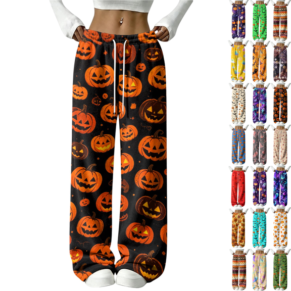 BFRGSIJ Halloween Lounge Pants for Women Soft Fleece Baggy Wide Leg Sleep Pajamas Spooky Season Festive Casual Fall Sleepwear M