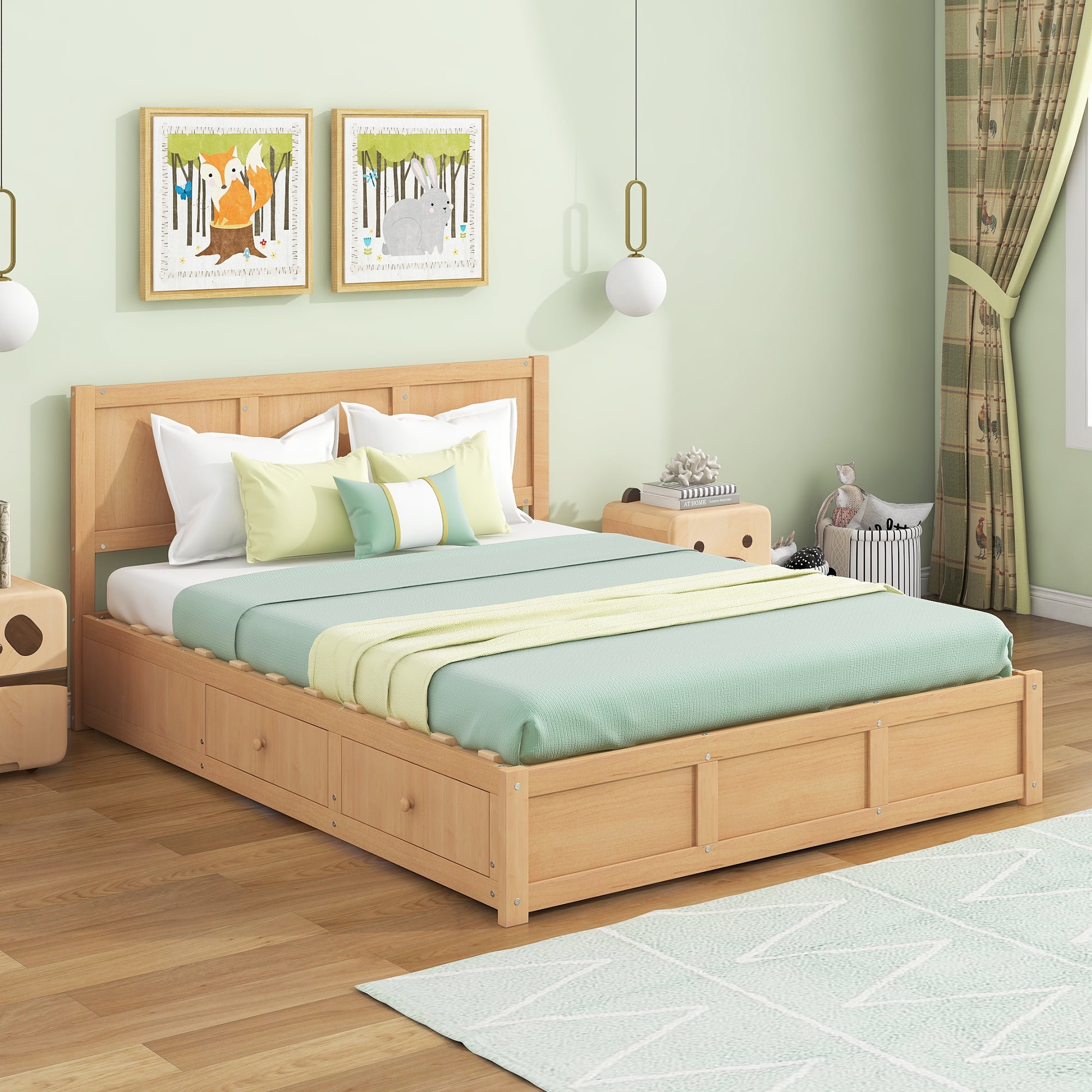 Euroco Queen Size Lift up, Wood Platform Bed Frame with Drawers, Hydraulic Storage System for Adults, Wood Color
