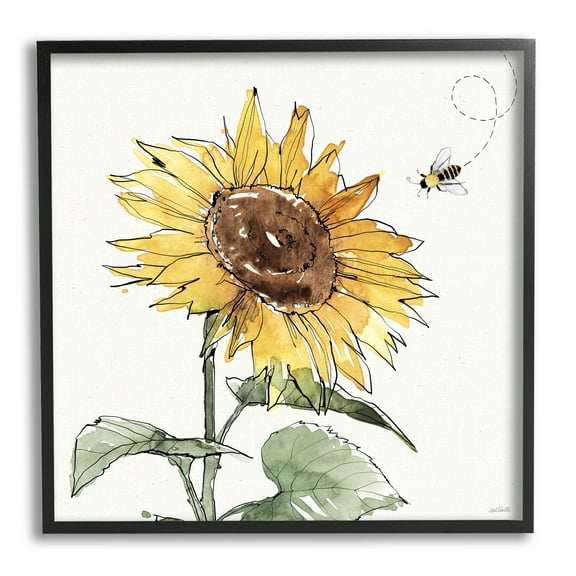Stupell Industries Cheerful Sunflower Buzzing Bee Graphic Art Black Framed Art Print Wall Art, Design by Anne Tavoletti