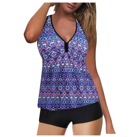 

nsendm High Women s Tummy High Two Neck Waist Halter Swimsuit Control Piece Swimwears Tankinis Set Sports Bra And Shorts Underwear Blue X-Large