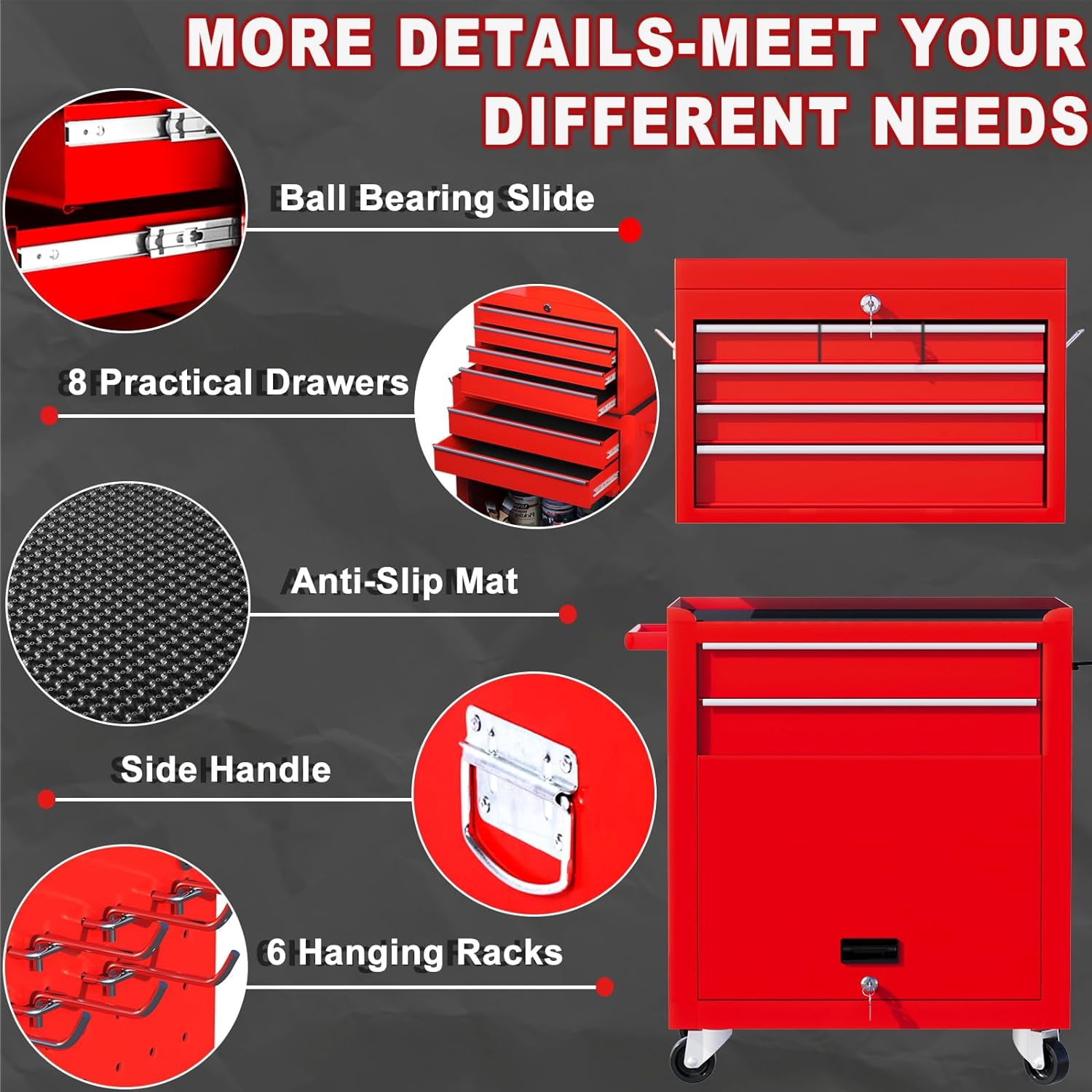 8-Drawer Rolling Tool Chest, 2-in-1 Tool Box with Wheels Metal Tool Chest Cabinet for Garage, Workshop, Red