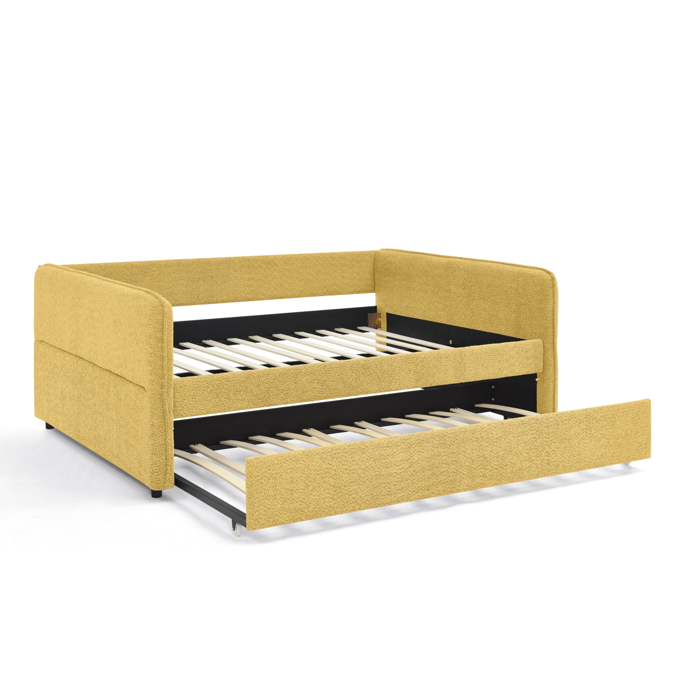 Noble House Zenton Full Size Boucle Daybed, Tufted Sofa Bed Frame with Trundle, Modern Guest Sleeper Couch, Yellow