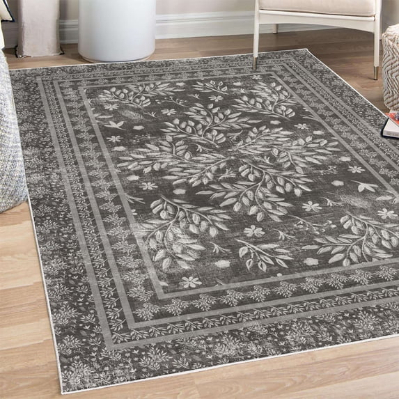 Leaves Decorative Rug, Vintage Art Watercolor Branches and Flowers on Charcoal Grey Background, Quality Carpet for Bedroom Dorm and Living Room, 6 Sizes, Dimgray, by Ambesonne