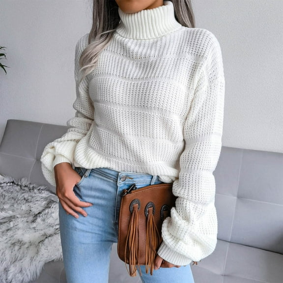 BONIXOOM Womens Sweaters Modern Fit Sweater Pullover Vacation Turtleneck Sweaters For Teen Girls White M(US:6)