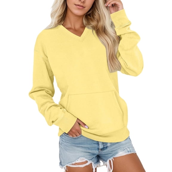 lcziwo Women's Sweatshirts V Neck with Pockets Hoodless Thin Pullover Casual Loose Long Sleeve Fall Tops No Hood Sweat Shirts Gold,S