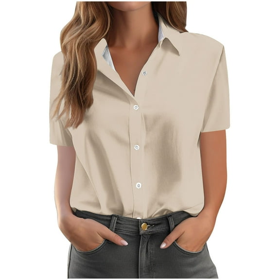 WCMZJ Women's Button Down Shirts Slim fit Short Sleeve Stretch Dress Shirts Wrinkle-Free Solid Work Blouse Beige 2XL