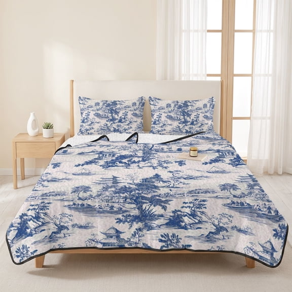 3 Pieces Queen Quilt Set,Blue Chinoiserie Garden Pavilion Soft Bedding Sets with 1 Quilt & 2 Pillow Shams,Asian Scenic Hill Boat Plant Summer Bedspread Lightweight Coverlet Comforter for All Season