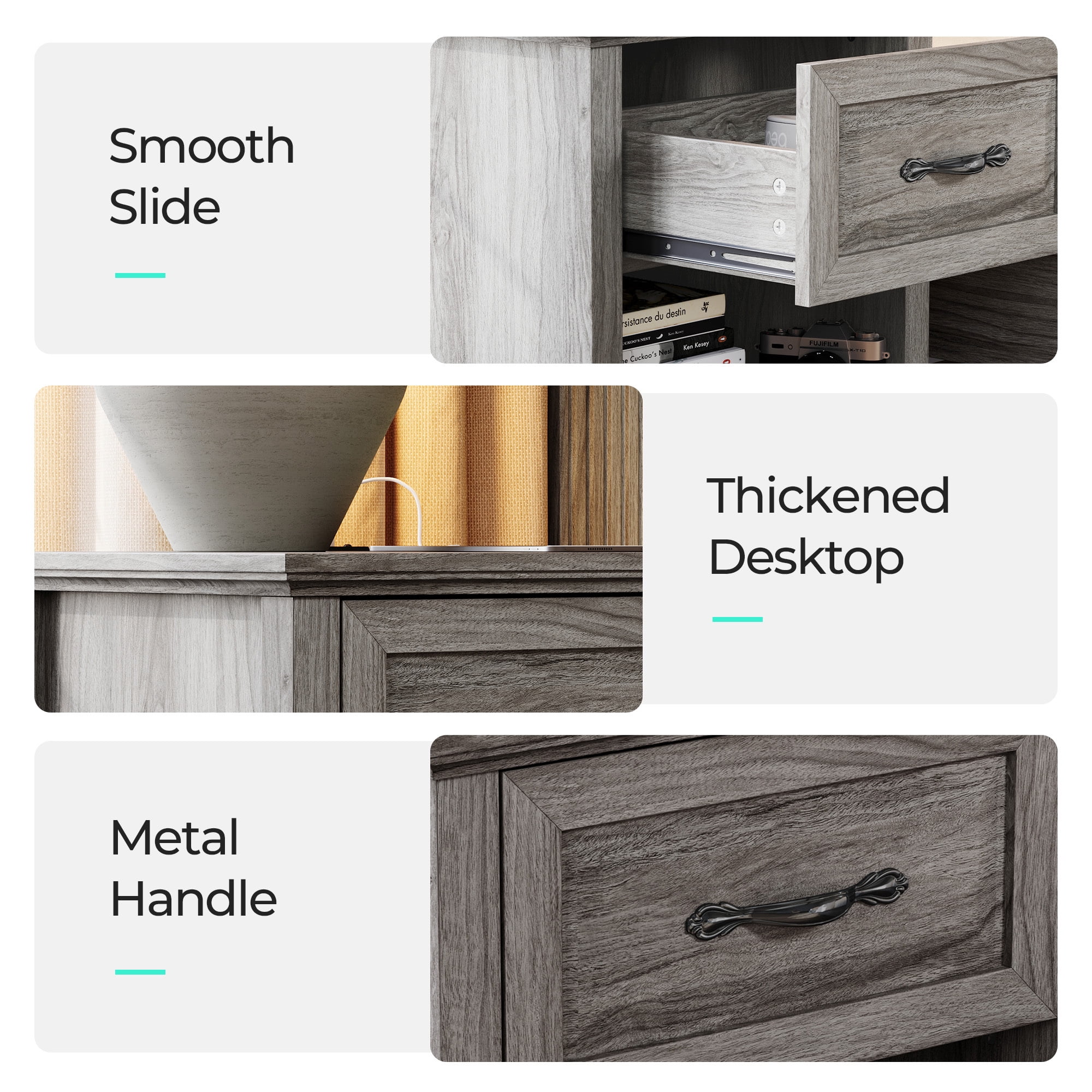 Linsy Home Nightstand for Bedroom set of 2 with Charging Station, Farmhouse End Tables for Living Room set of 2 with Drawer, Grey