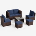 thumbnail image 5 of TECHMILLY 6-Piece Space-Saving Patio Furniture Set, All Weather Brown Wicker Rattan Sectional Sofa with 2 Ottomans, Outdoor Conversation Set for Garden, Backyard, Navy Blue Cushions, 5 of 9