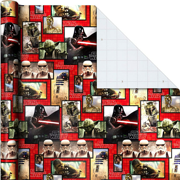 Hallmark Star Wars Wrapping Paper with Cut Lines on Reverse (3-Pack: 60 Sq.  ft. Ttl) with Yoda, Darth Vader, Chewbacca, R2-D2, C-3PO, Stormtroopers,  X-Wing, Millennium Falcon 