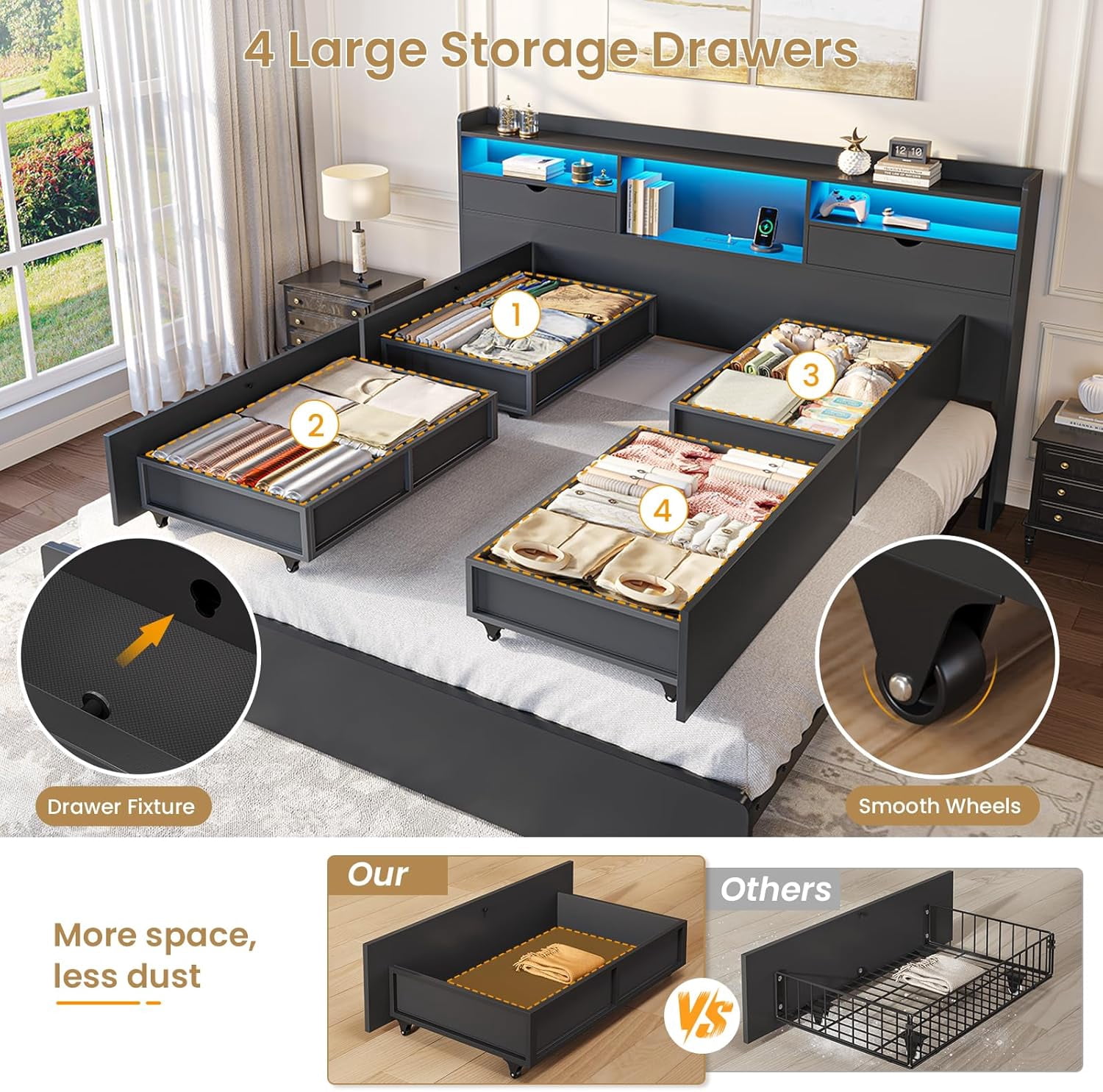California King Bed Frame with 4 Storage Drawers&Bookcase Headboard, Black Platform Bed Frame with Charging Station and LED Lights, Modern Storage Beds, No Noise, Black