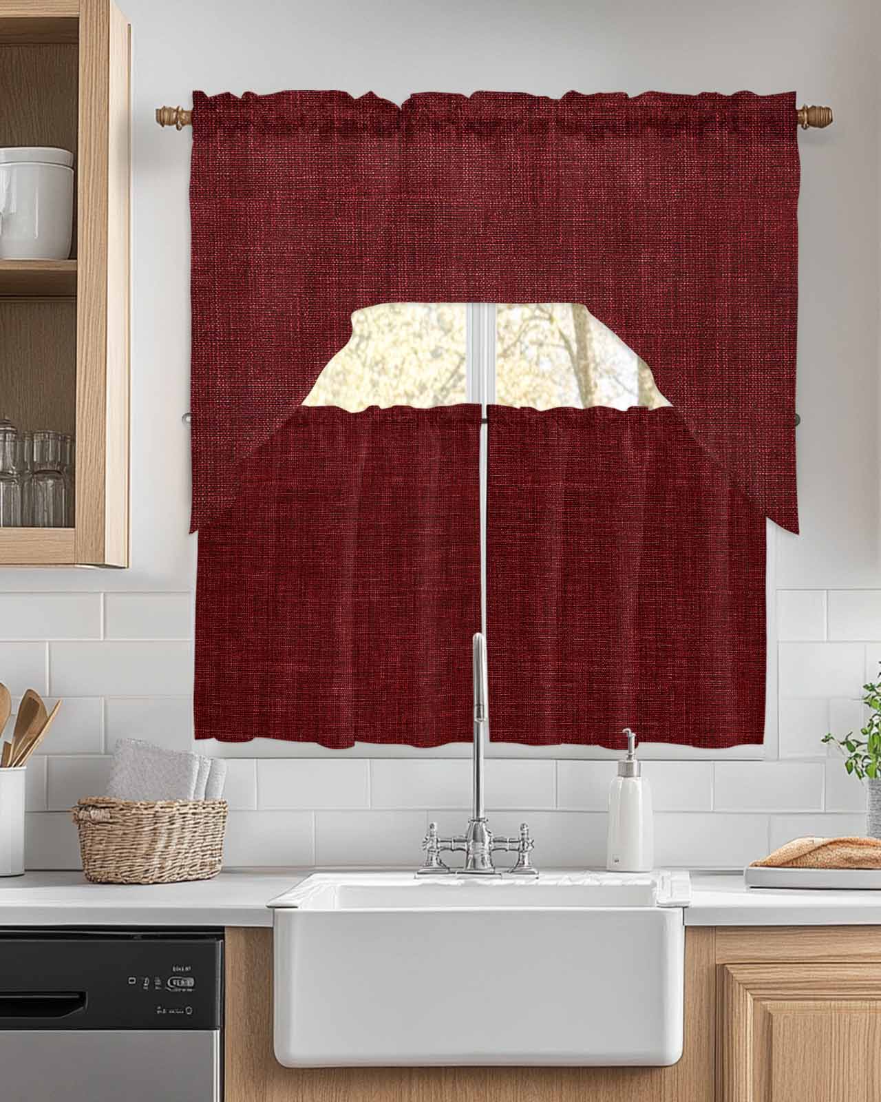 Vintage Dark Red Kitchen Curtains Swag Valance and Tier Curtains Set 24 Inch Length, Farmhouse Retro Solid Color Linen Texture Rod Pocket Drape Panels Pair Swag Curtains for Bathroom/Cafe/Window