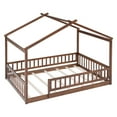 thumbnail image 4 of Full Size House Bed Frame for Kids, Teens, Boys & Girls with Safety Fence & Roof - Sturdy Pine Wood Construction, Mid-Century Modern Design, 7-Slat Support, Walnut Finish, 4 of 9