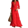 thumbnail image 3 of HVOBTTY Womens Maxi Dress Deep V Neck Ruffle 3/4 Sleeve red Solid Color Long Romantic, 3 of 5