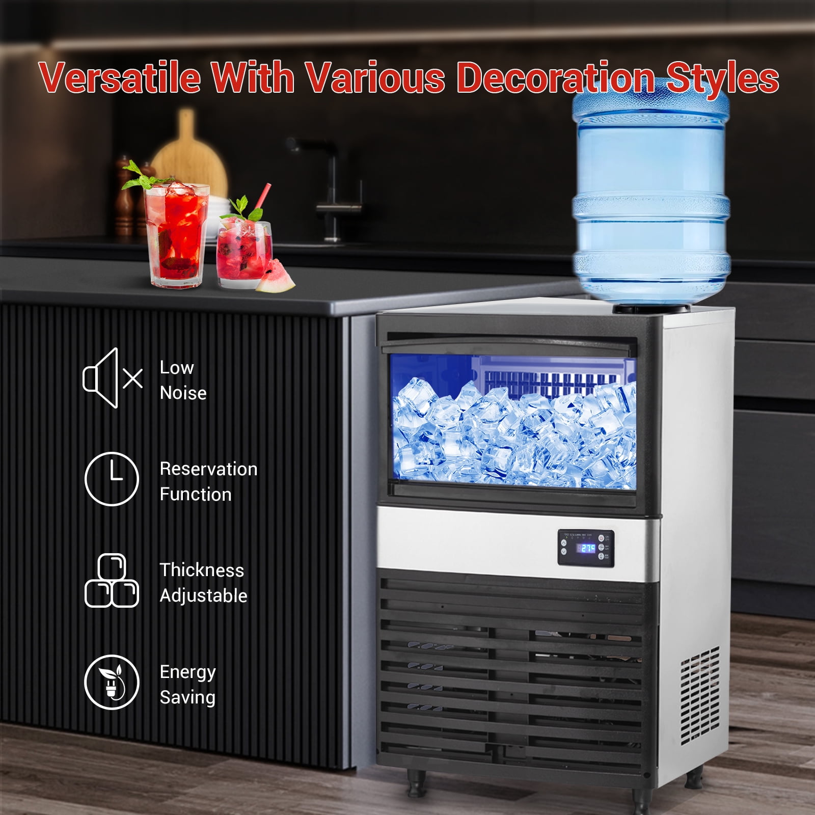 110lbs/24H Commercial Ice Maker Machine, 27lbs Storage, Makes 55 Clear Cube Ice Every Cycle in 10-20 Mins, Stainless Steel