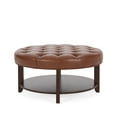 thumbnail image 3 of Baynes Contemporary Faux Leather Tufted Wood Round Ottoman with Open Shelf, Cognac Brown and Espresso, 3 of 7