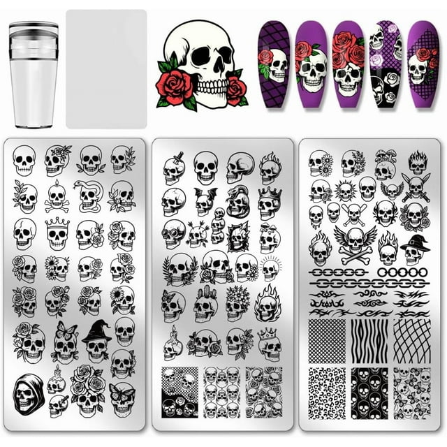 3 Pcs Motif Fleur Plaque de Tampon pour Ongles Motif d'Impression Modèle d'Art Plaque d'Image en Acier Inoxydable Style Punk Pochoir pour Ongles pour Femmes Impression DIY 4.7x2.3 Pouces
