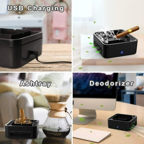 Multifunctional Smokeless Ashtray for Cigarette Smoker, USB Rechargeable Smoke Grabber Ash Tray for Indoor Outdoor Home Office Car (Black)