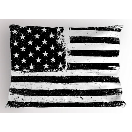 United States Pillow Sham Grunge Aged Black and White American Flag Independence Fourth of July Design, Decorative Standard Size Printed Pillowcase, 26 X 20 Inches, Black White, by Ambesonne