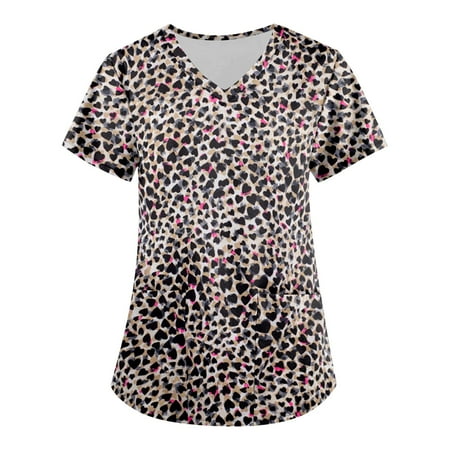

UDAXB Womens Nursing Scrub Tops Valentine s Day Love Heart Printed Working Uniform Short Sleeve V-Neck Workwear Blouse T-shirt with Pockets