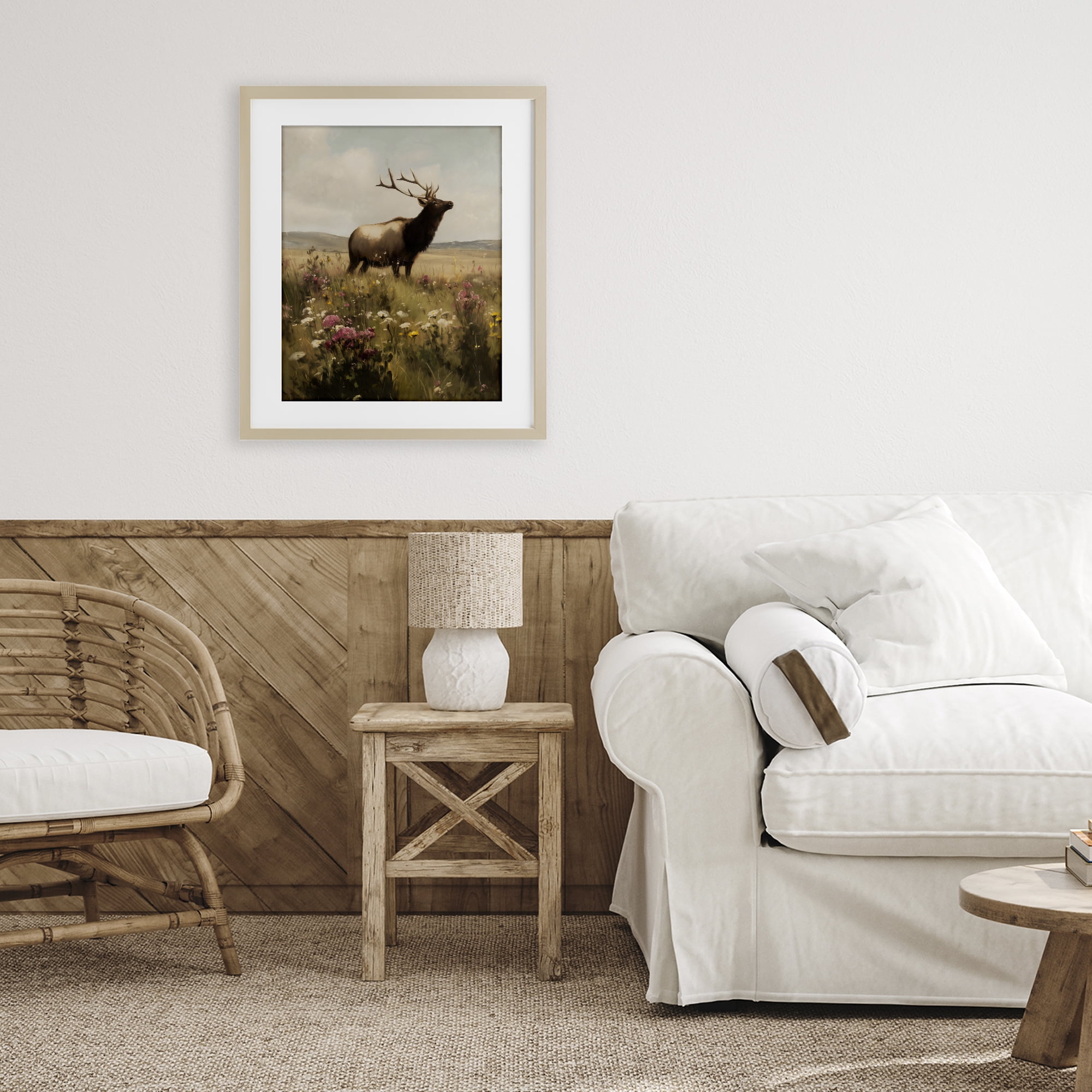 Stupell Industries Elk in the Wildflower Meadow Birch Framed Print Under Glass, design by Arlington Prints