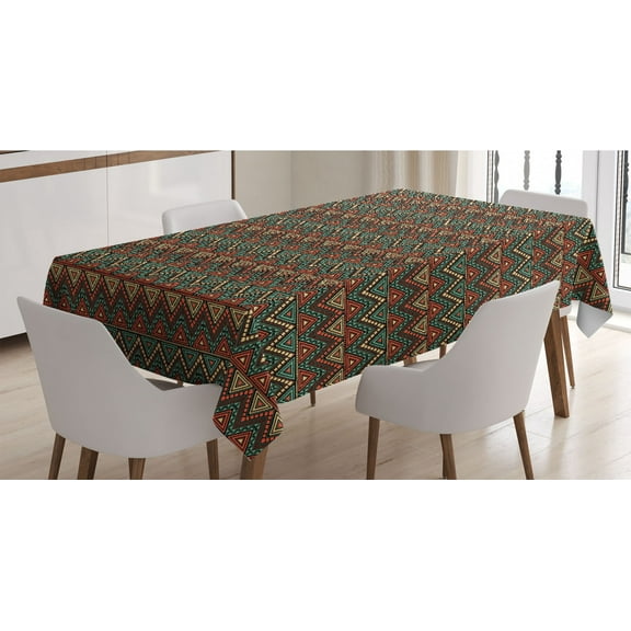Bohemian Stripe Tablecloth, Motifs Triangles and Zigzags Print, Rectangle Satin Table Cover Accent for Dining Room and Kitchen, 60" X 84", Burnt Sienna Pale Yellow, by Ambesonne