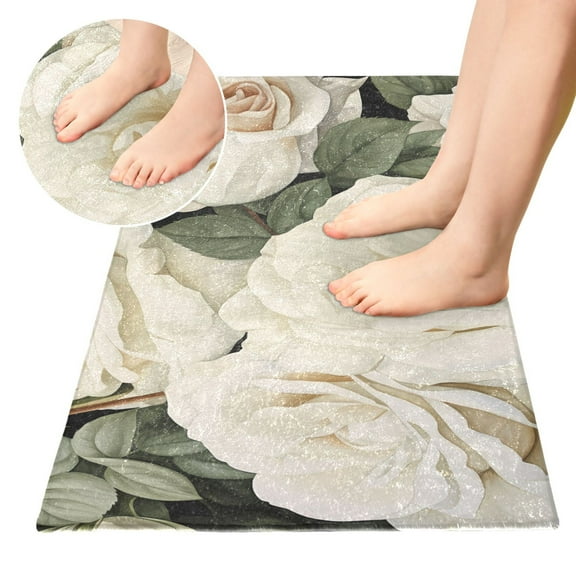 Luxury Bathroom Rug 39"x20" Non Slip Bedroom Mat Plush Shaggy Absorbent Bath Rugs Washable Carpet for Kitchen Shower and Tub White Roses Flowers with Leaves