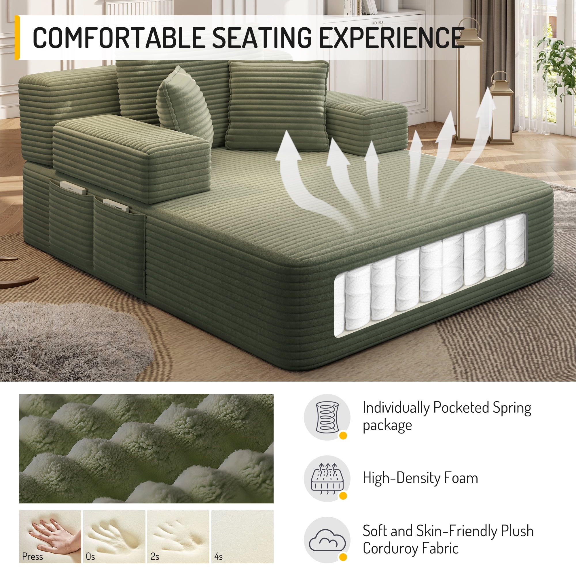 MOONMISS Chaise Lounge Chair Indoor, Corduroy Boneless Sofa Bed, Deep Seat Sleeper Couch Reading Chairs, Cloud Sofas Couches for Living Room, No Assembly Required,Green