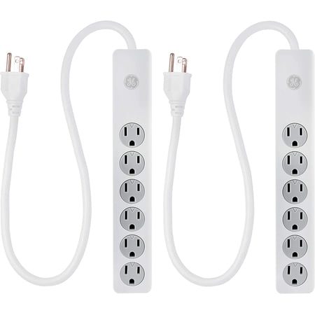 GE 6 Outlet Surge Protector 2 Pack  2 Ft Extension Cord  Power Strip  450 Joules  Twist-to-Close Safety Covers  White  54625